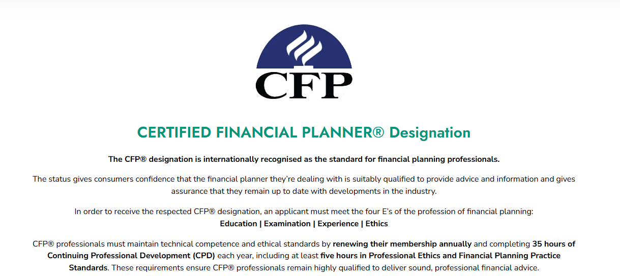 CERTIFIED FINANCIAL PLANNER® designation — details, four E’s, and 35-hour CPD requirement